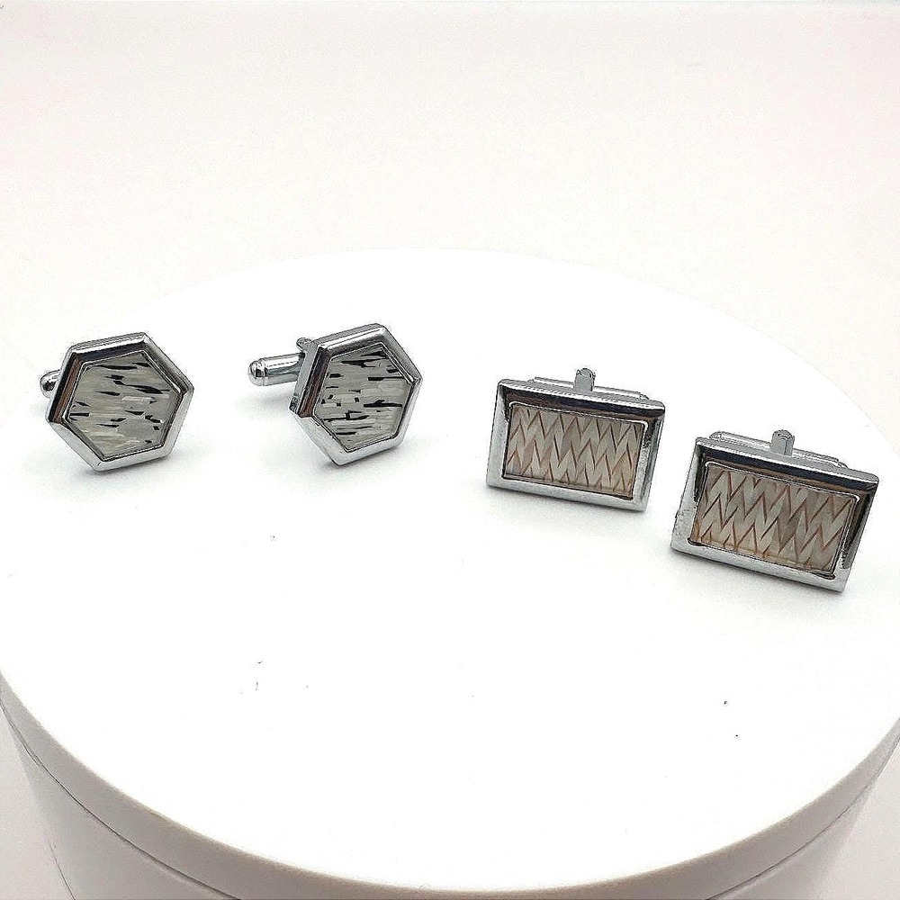 Vintage 60s Mid-Century Silver Tone Cufflink Set Geometric Glass Inlay Jewelry